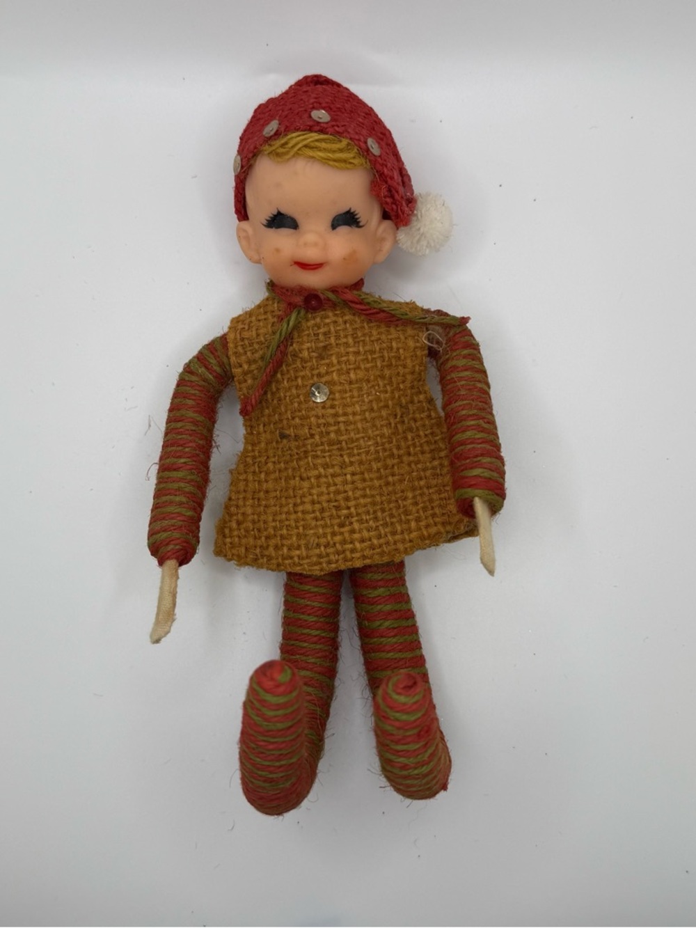 Vintage Handmade Elf Doll in Red and Mustard medium Christmas ornament